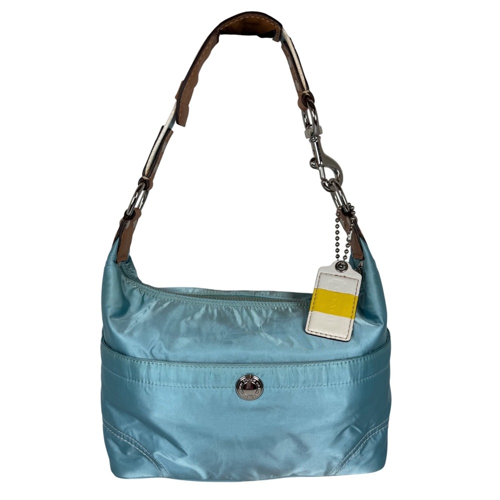 COACH Hamptons Hobo Blue Aqua Satin Hobo Shoulder Bag (Style F11668)